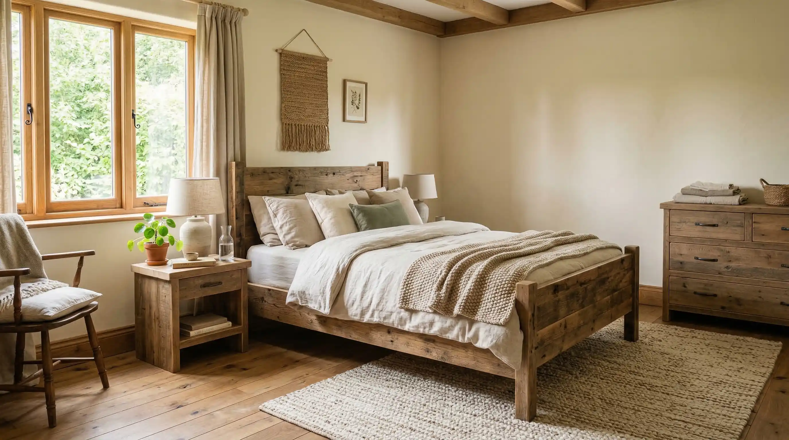 bedroom with reclaimed wood furniture and natural fabrics creating a warm eco friendly space