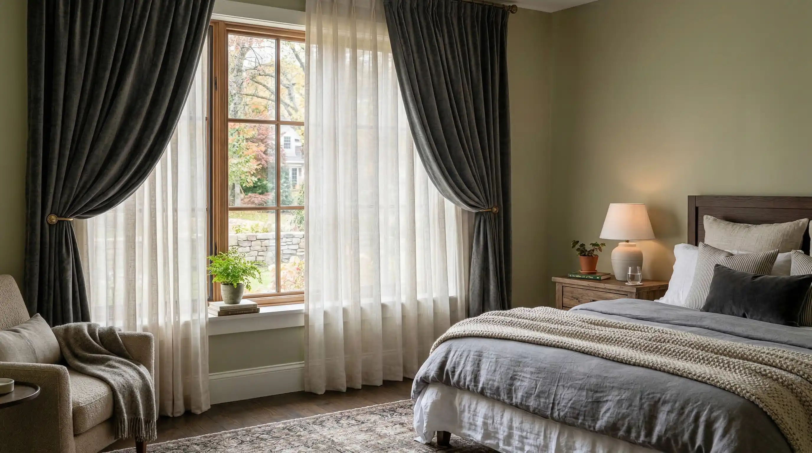 bedroom with sheer and heavy curtains layered together adding depth and softness to windows