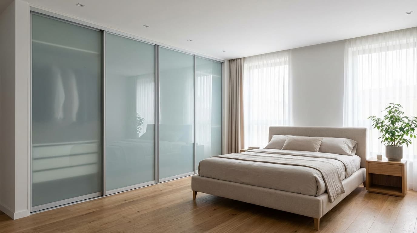 bedroom with sliding doors for wardrobes, saving floor space
