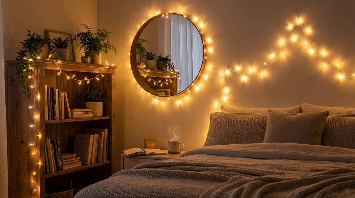 bedroom with string fairy lights draped along a shelf or mirror, casting a warm, magical glow