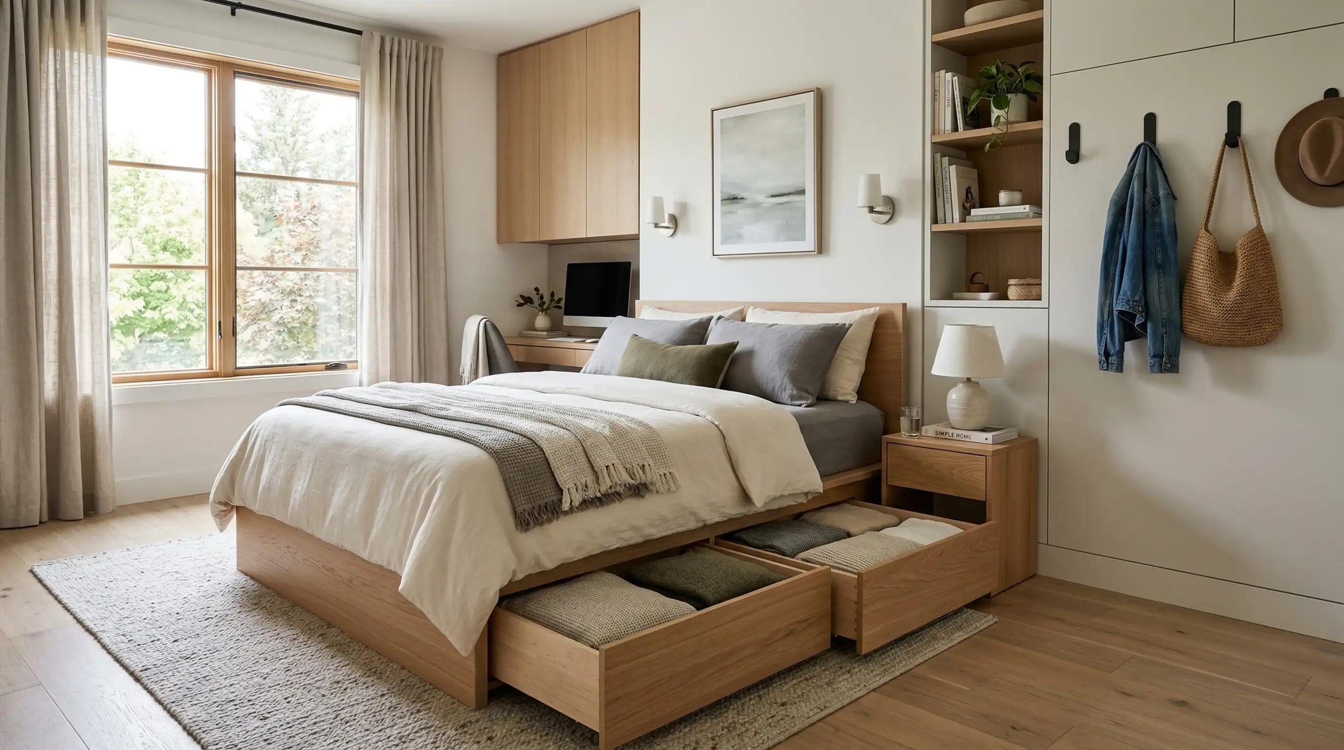 bedroom with under-bed storage and recessed wall hooks to keep it tidy