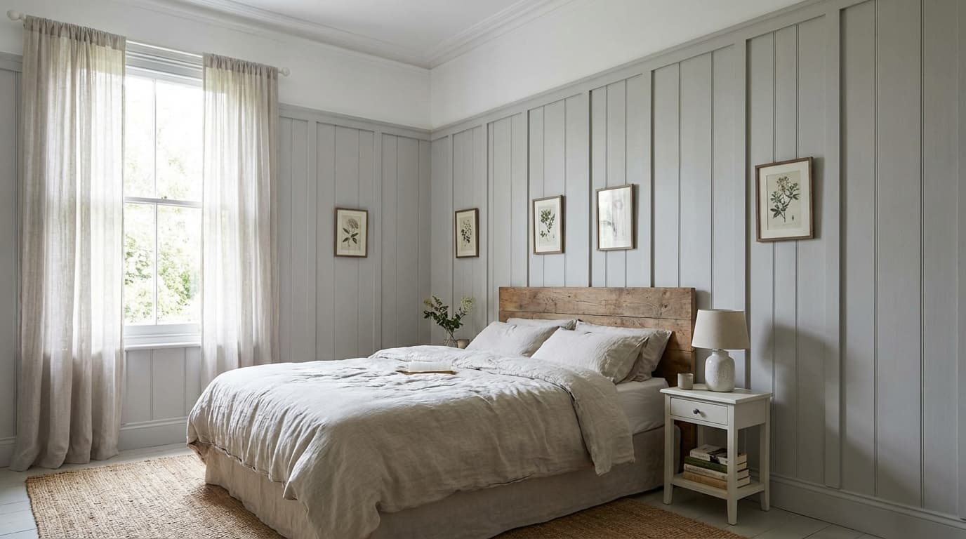 bedroom with vertical paneling creating the illusion of taller ceilings and adding refined texture