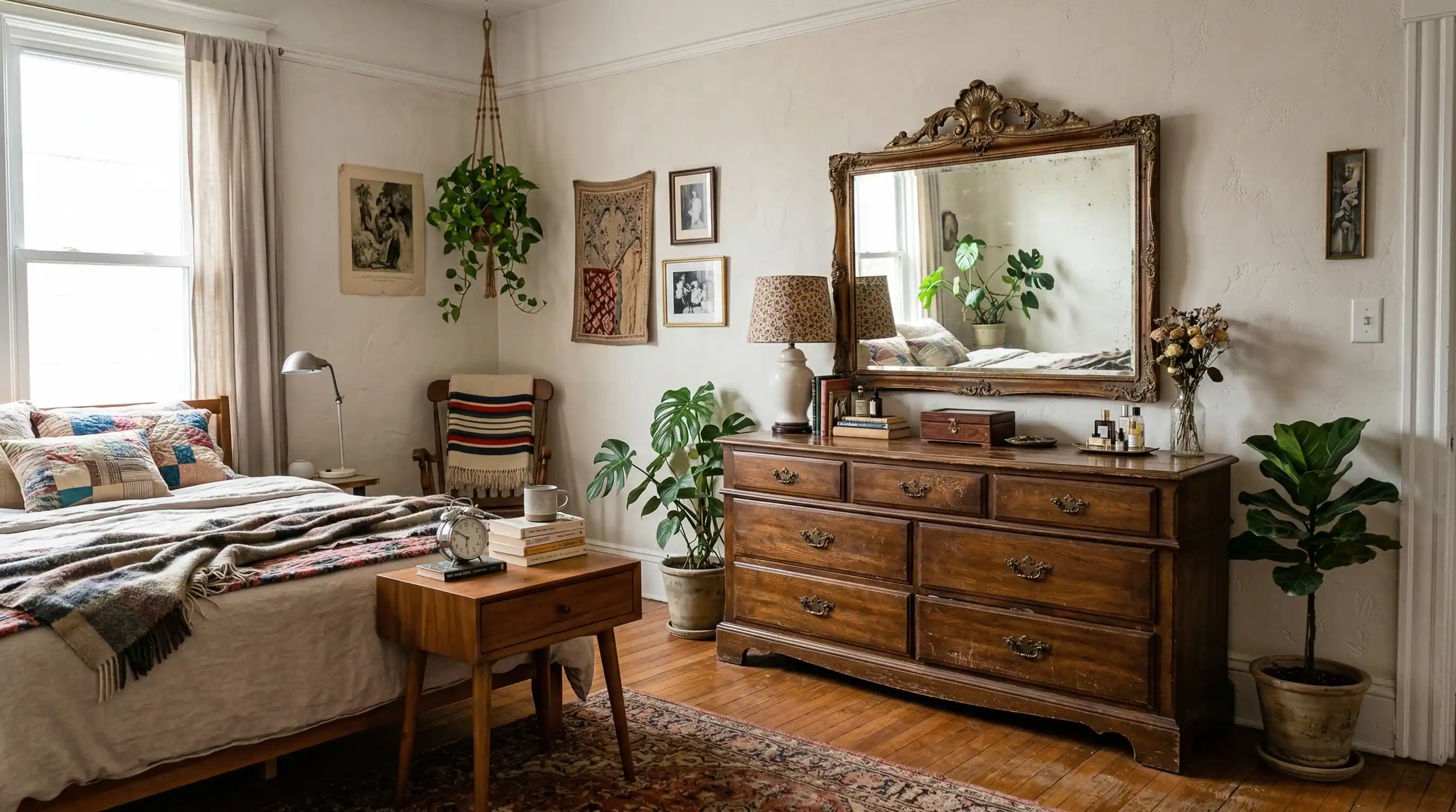 bedroom with vintage mirror and wooden furniture adding warmth and character to the space