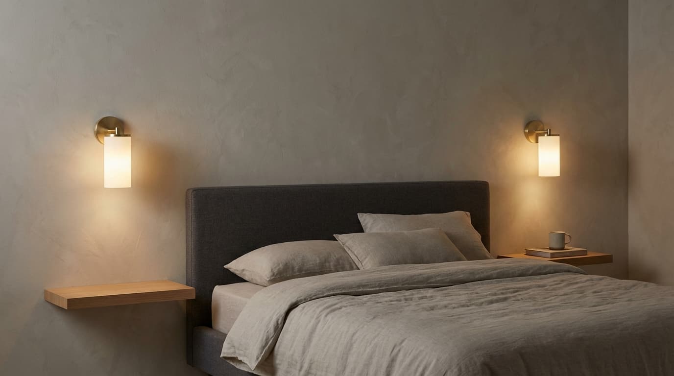 bedroom with wall sconces at eye level, providing a flattering, diffused glow while saving space