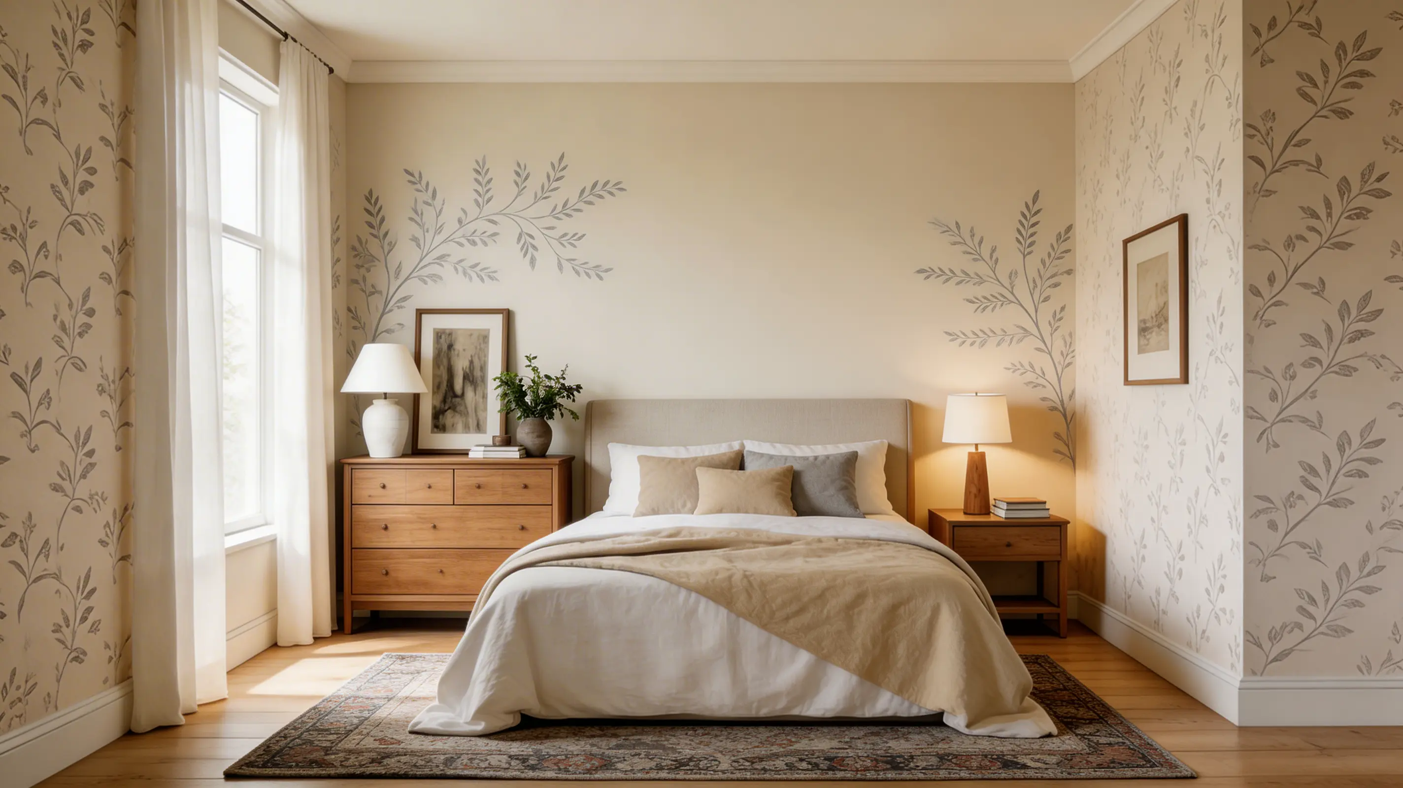 bedroom with wall stencils adding intricate, handcrafted detail that enhances the room’s character