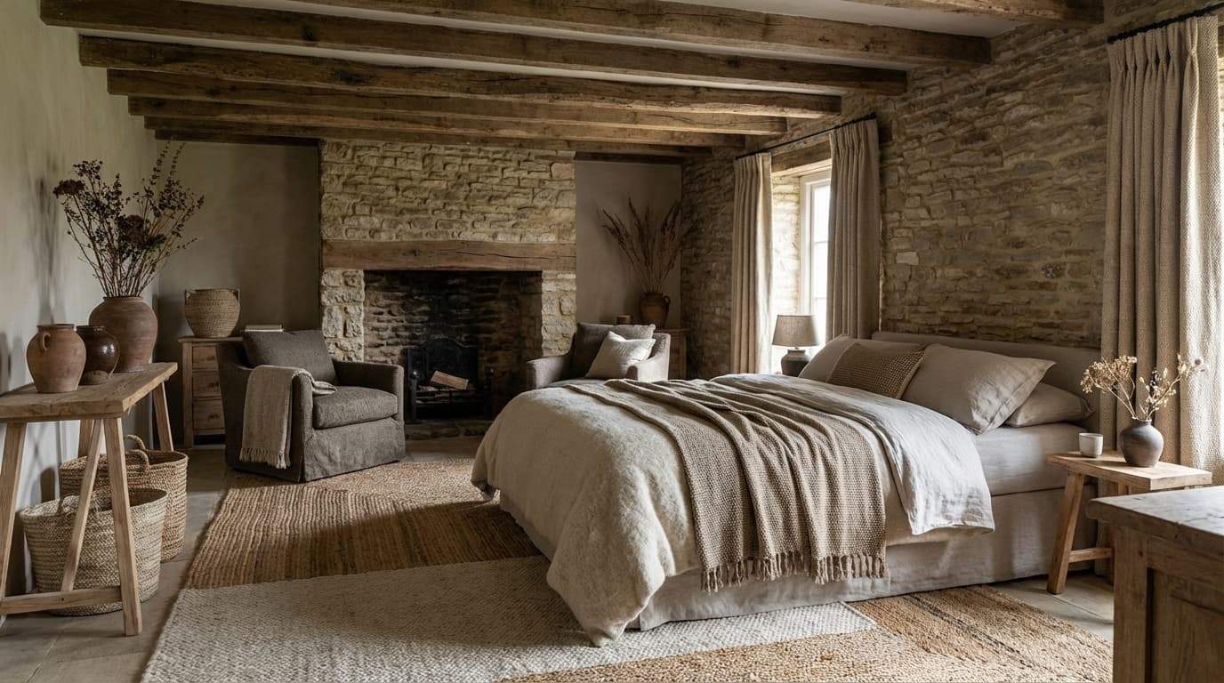 bedroom with wood, stone, and woven textures creating a grounded and natural feel