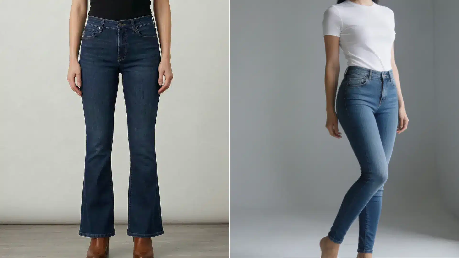bootcut and skinny jeans showing fit differences, with one flared leg opening and the other tight through ankle