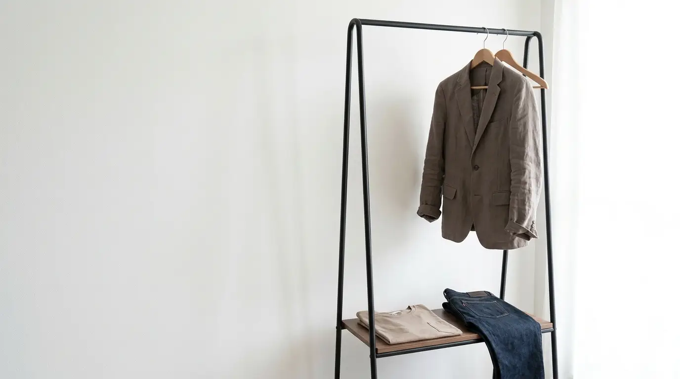 Brown blazer hanging on black metal rack with folded pants and jeans nearby