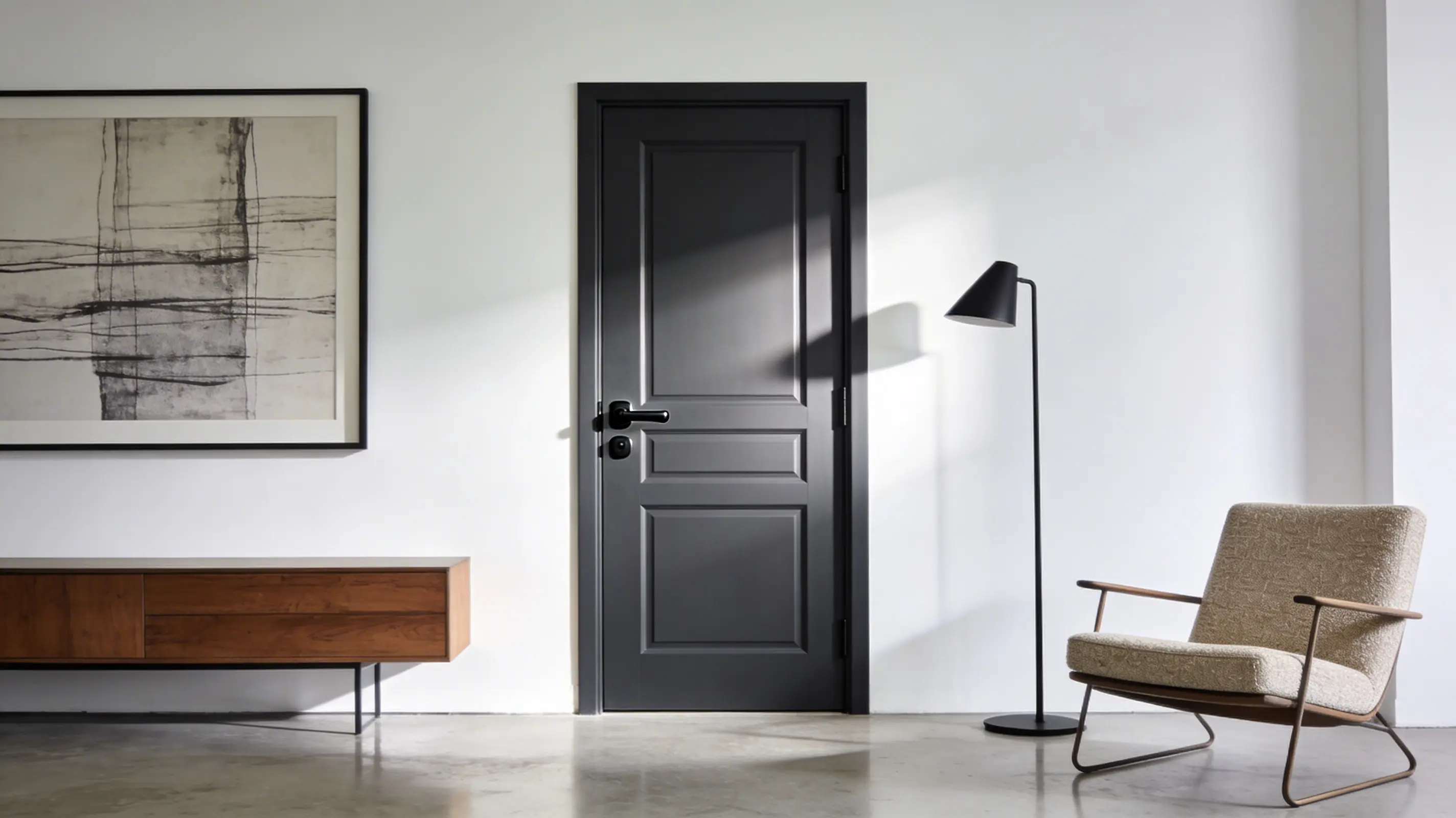 charcoal grey interior door in a modern room with clean lines, light walls, and subtle decor for a sleek look