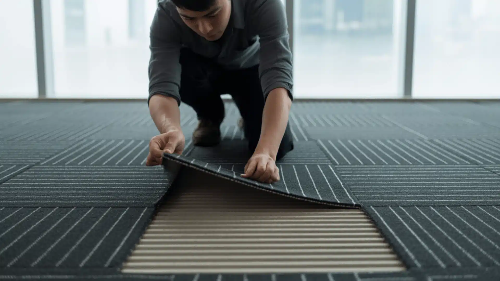 close-up photograph of a young Asian man installing carpet tiles in an office space