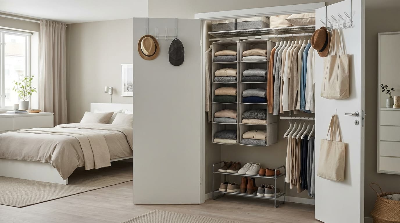 closet with hanging organisers, tiered shoe racks, and hooks, keeping the wardrobe neat and easily accessible