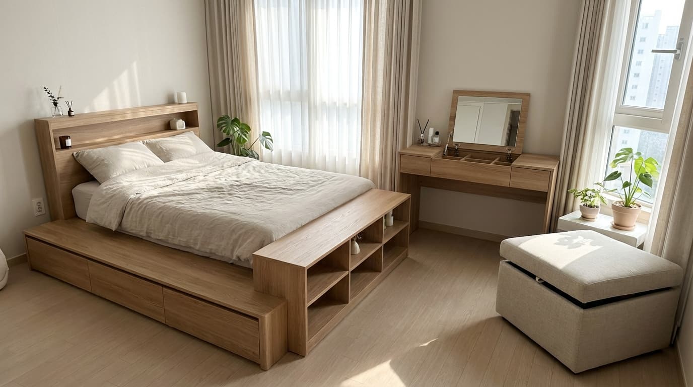 compact bedroom with a bed, desk, and ottoman that offer storage solutions