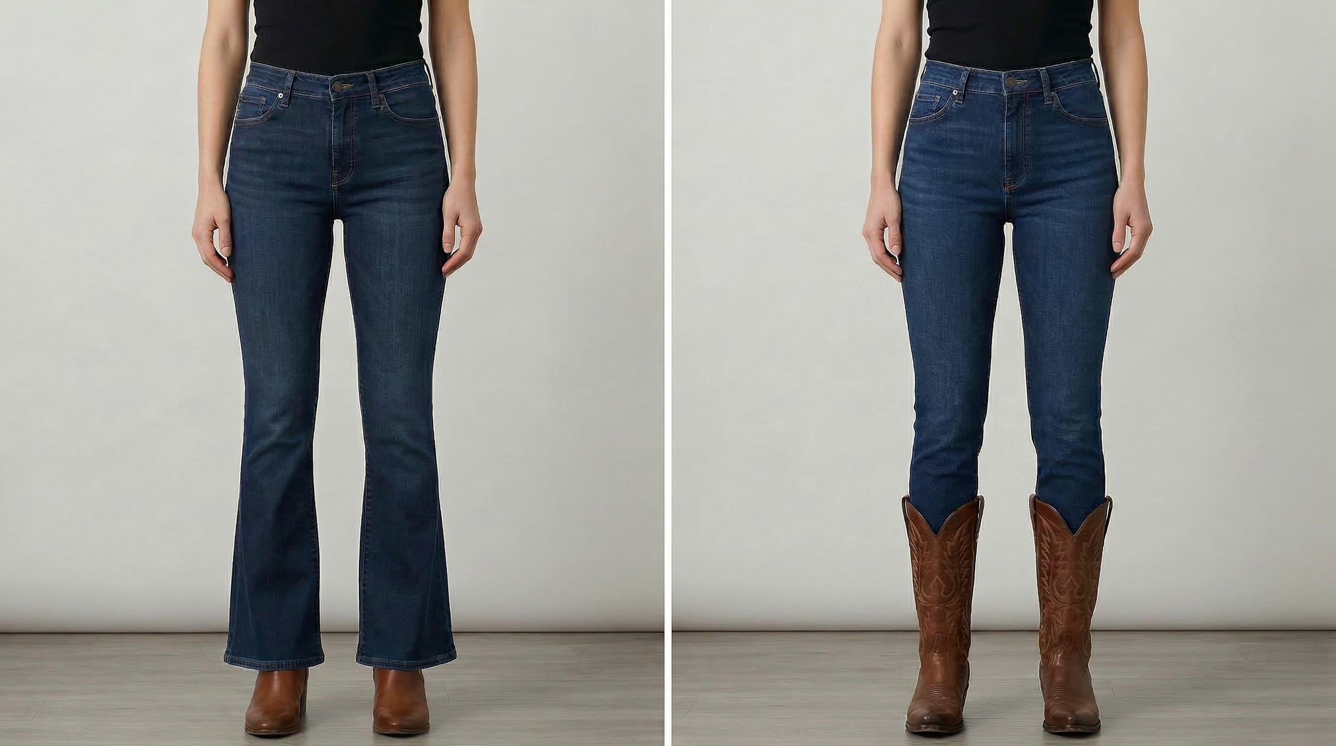 comparison of bootcut jeans vs cowboy cut jeans showing fit and style (1)