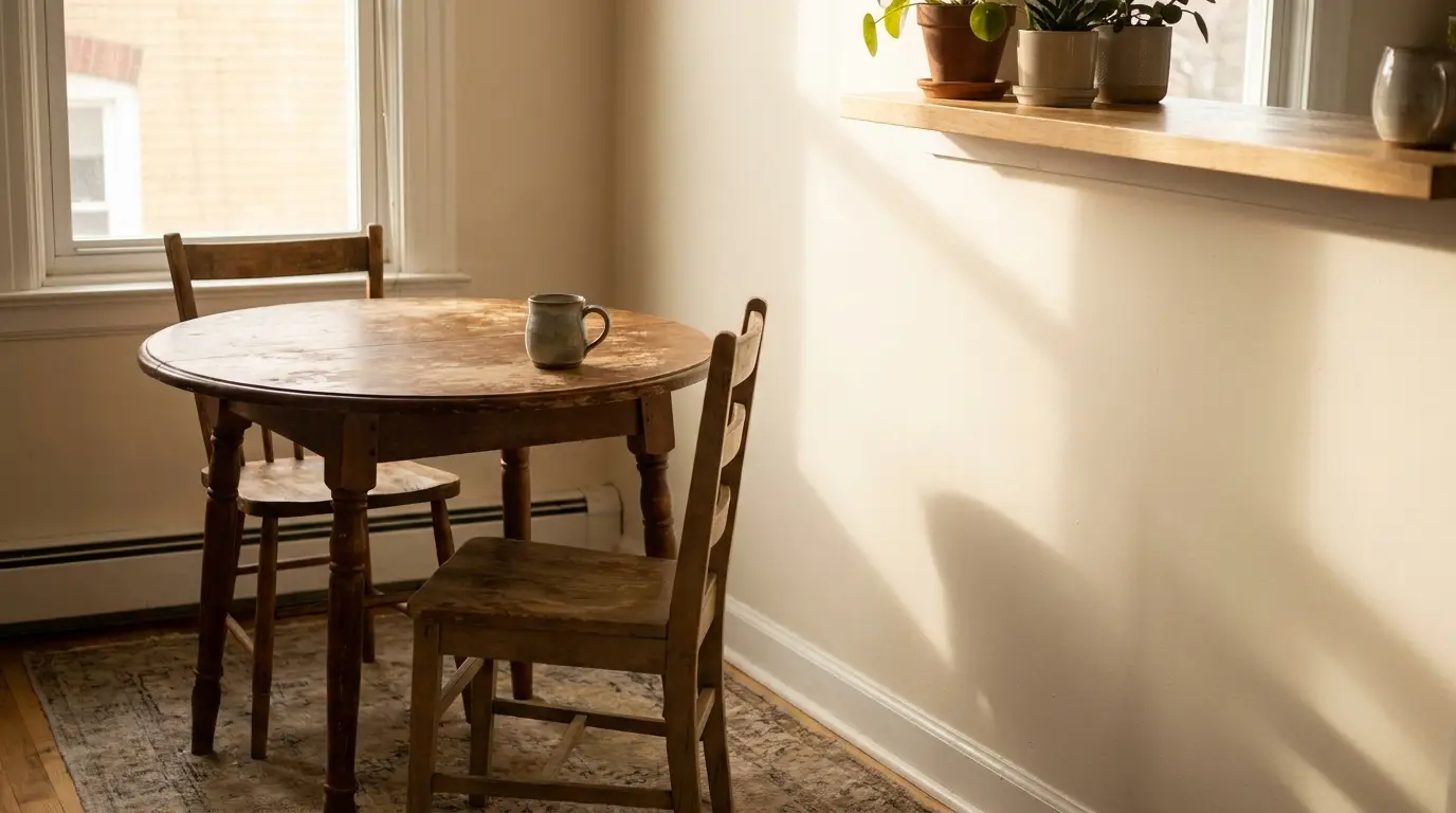 Rustic wooden table and chairs in sunlit room with potted plants on shelf
