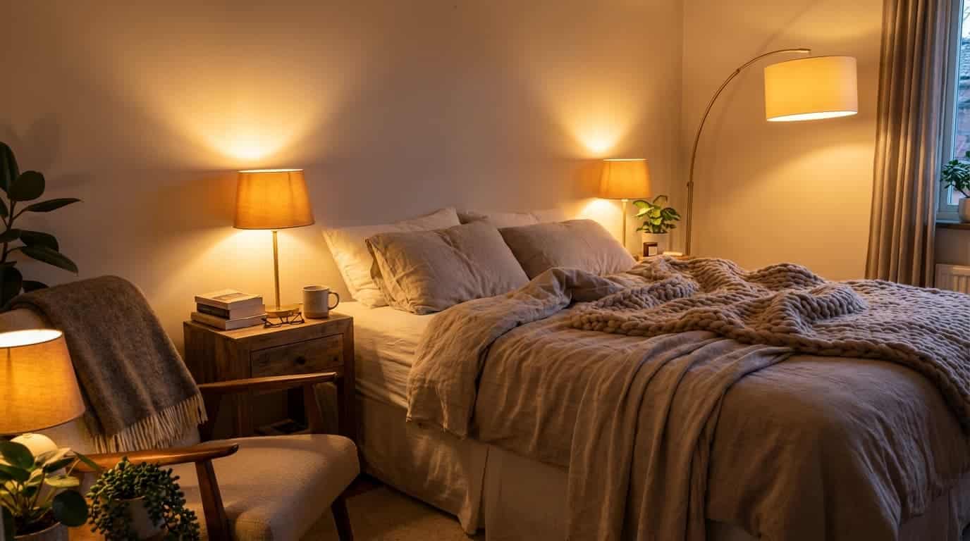 cozy bedroom with soft, warm lighting from table and floor lamps, creating a relaxed atmosphere