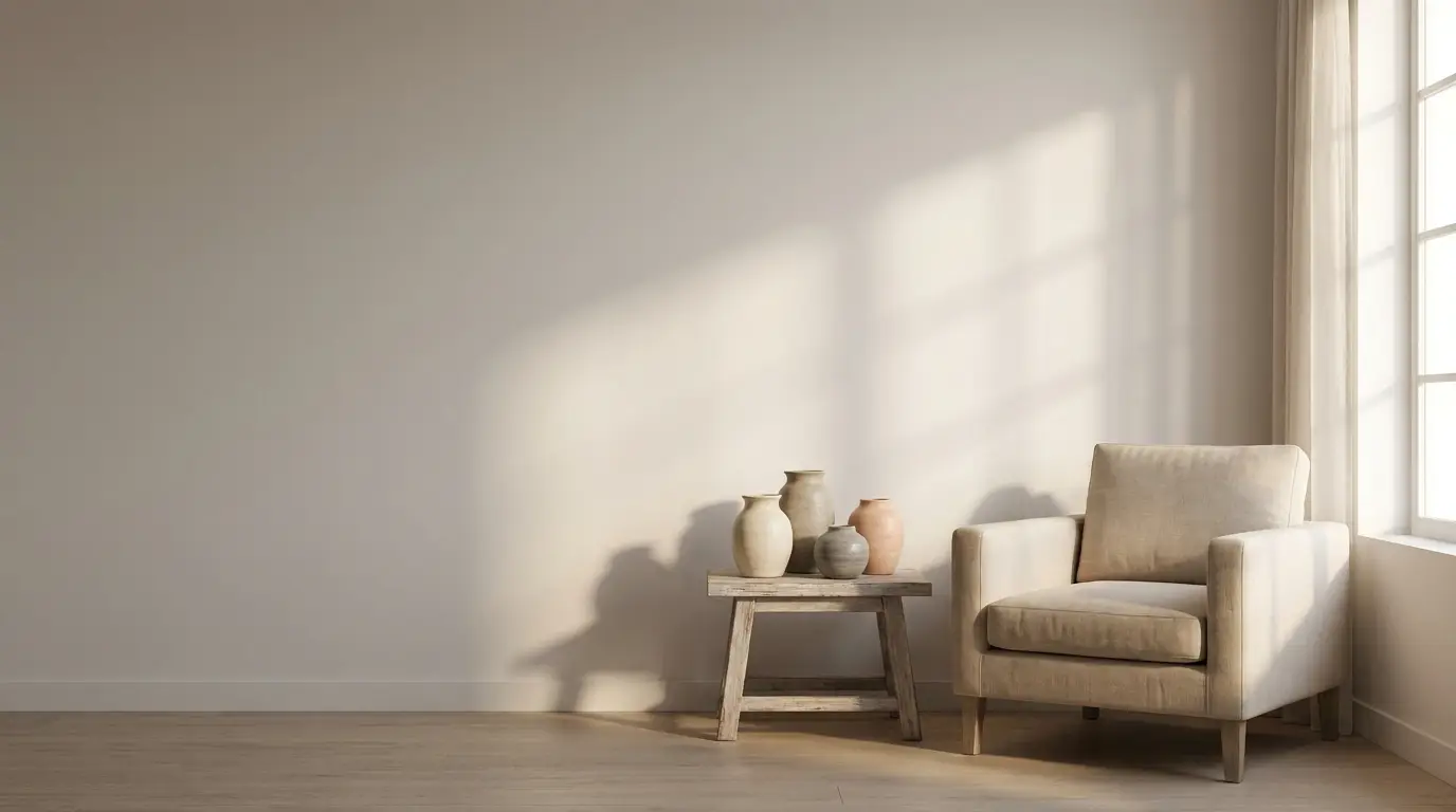 Neutral-toned armchair and rustic table with ceramic vases in sunlit minimalist room