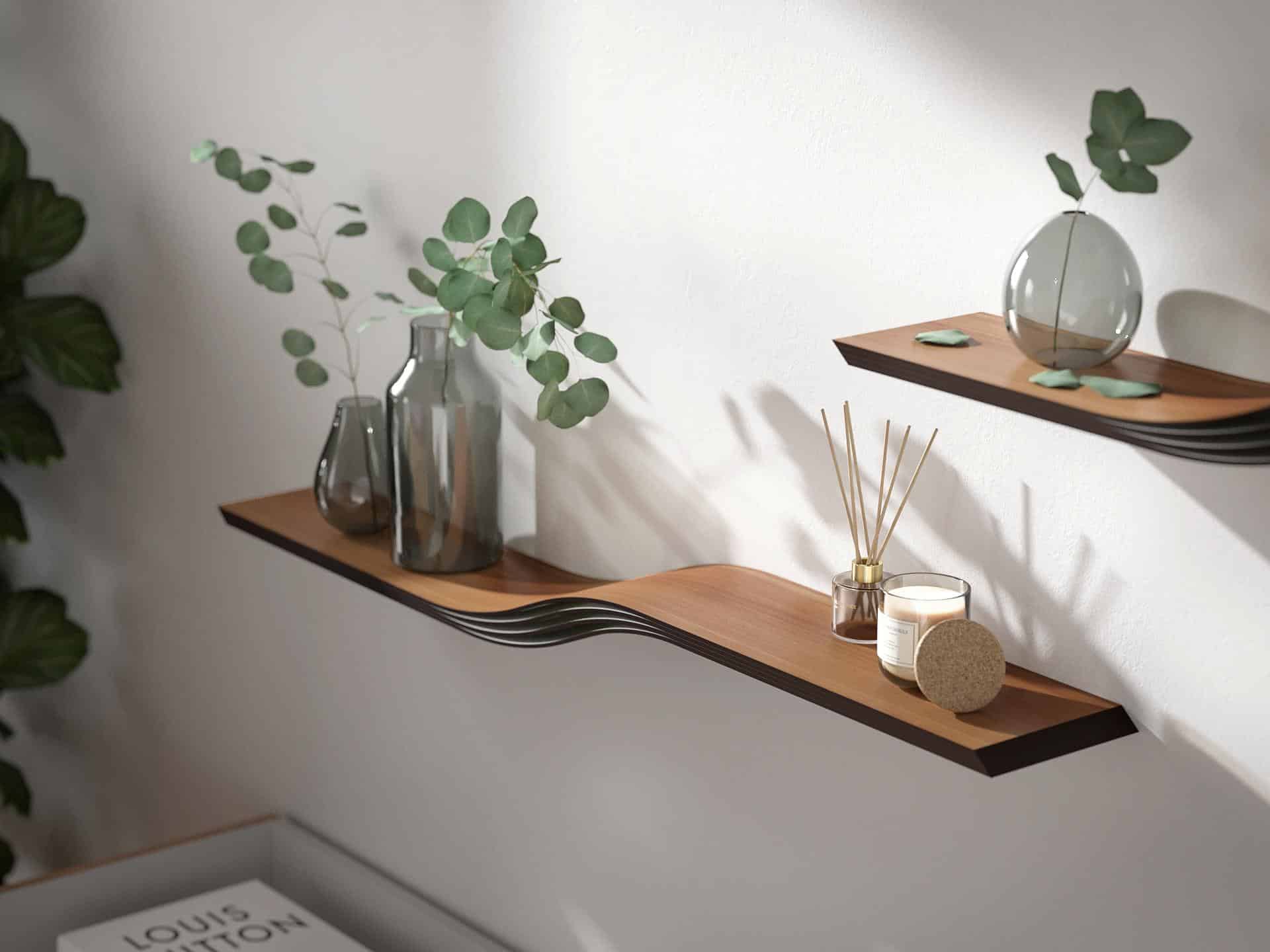 curved floating wall shelves in walnut on the wall