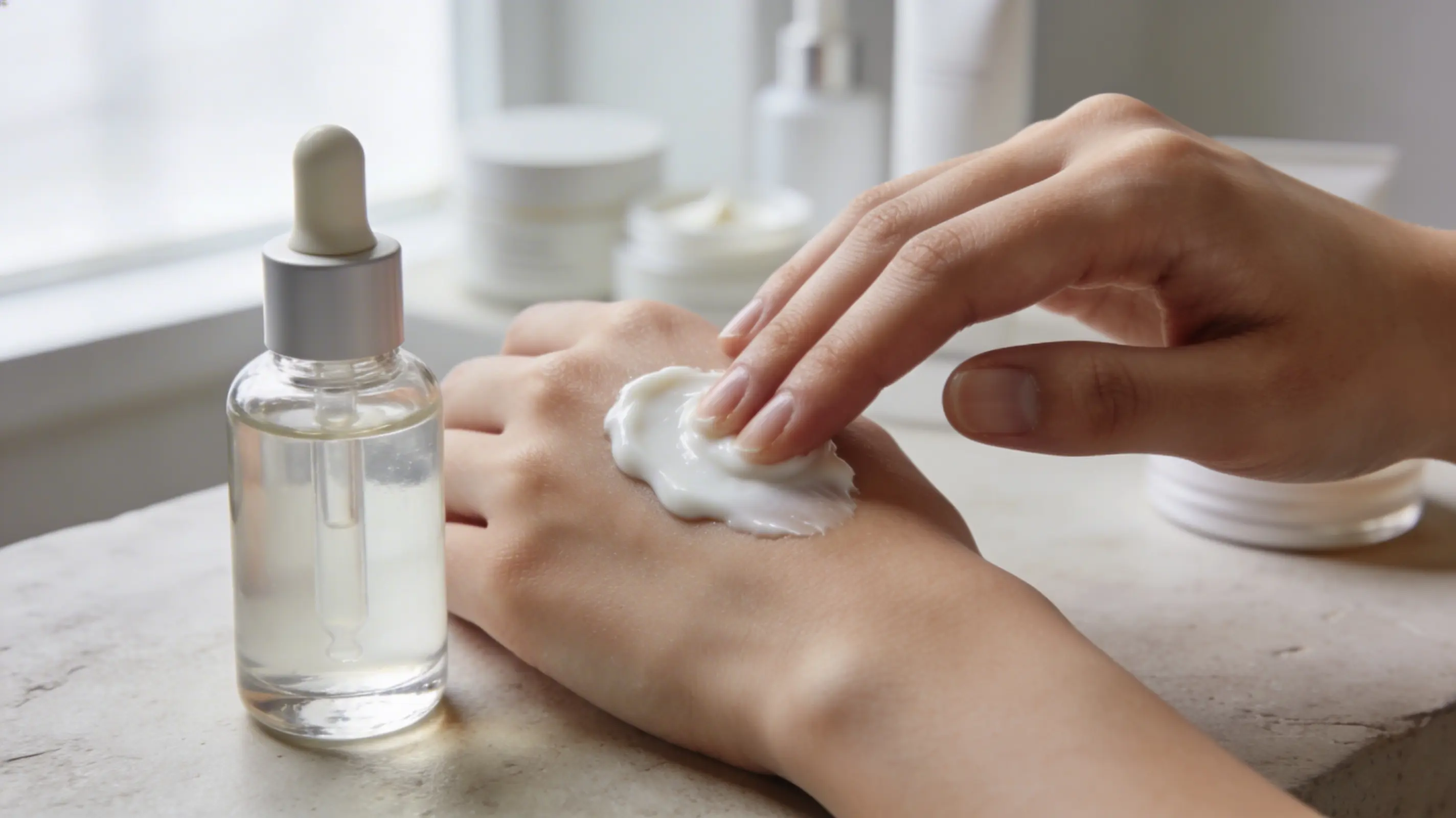 delicate, well-hydrated human hand interacting with a rich, creamy white moisturizer and a translucent glass serum bottle with a dropper