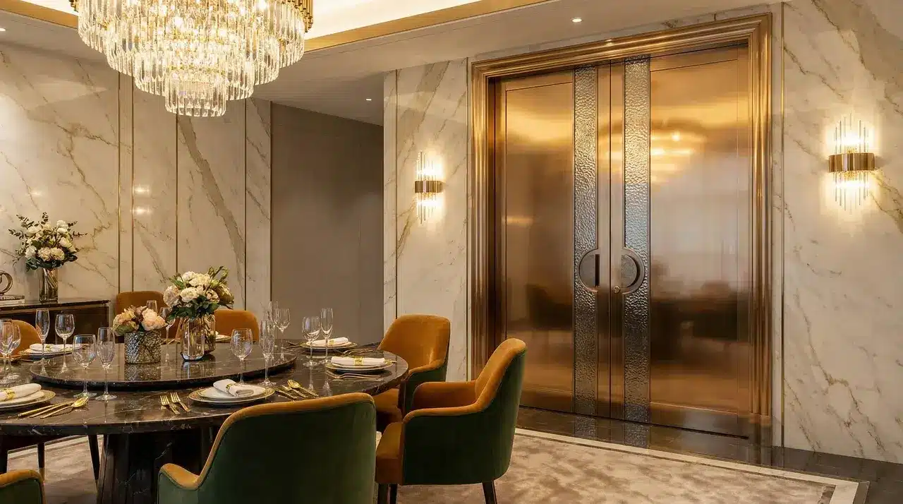 dining room with a metallic door, marble accents, and rich textures, creating an elegant and luxurious finish (1)