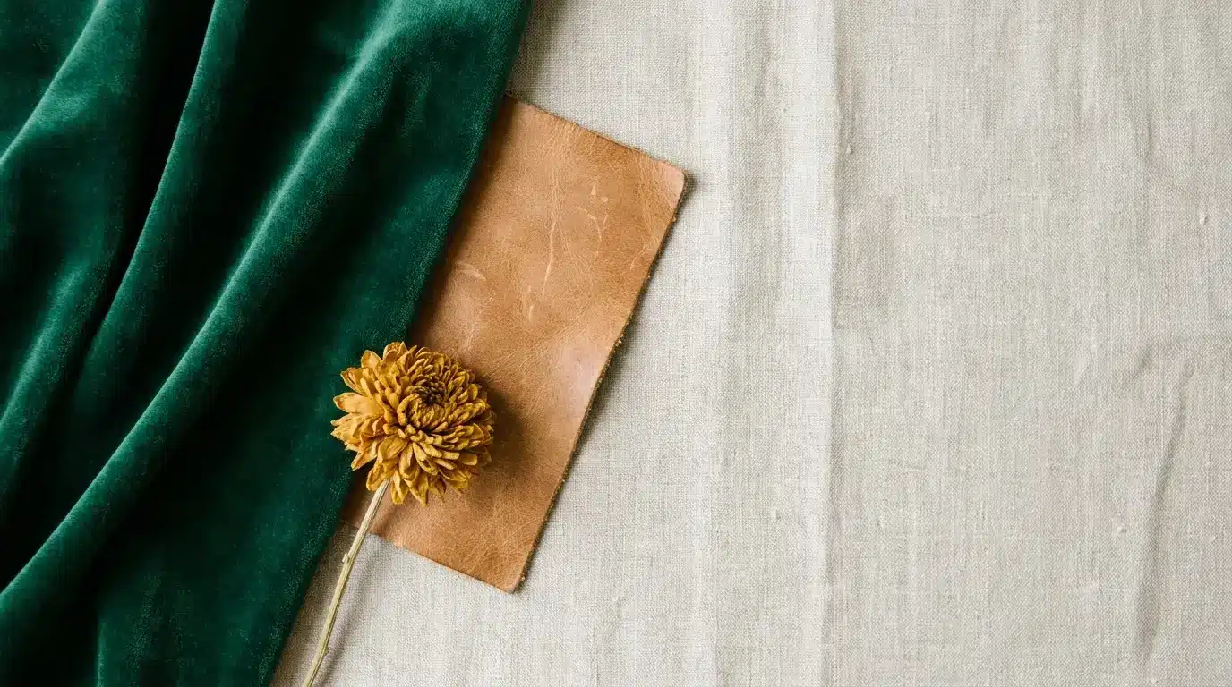 Green velvet fabric and dried flower on textured beige textile backdrop