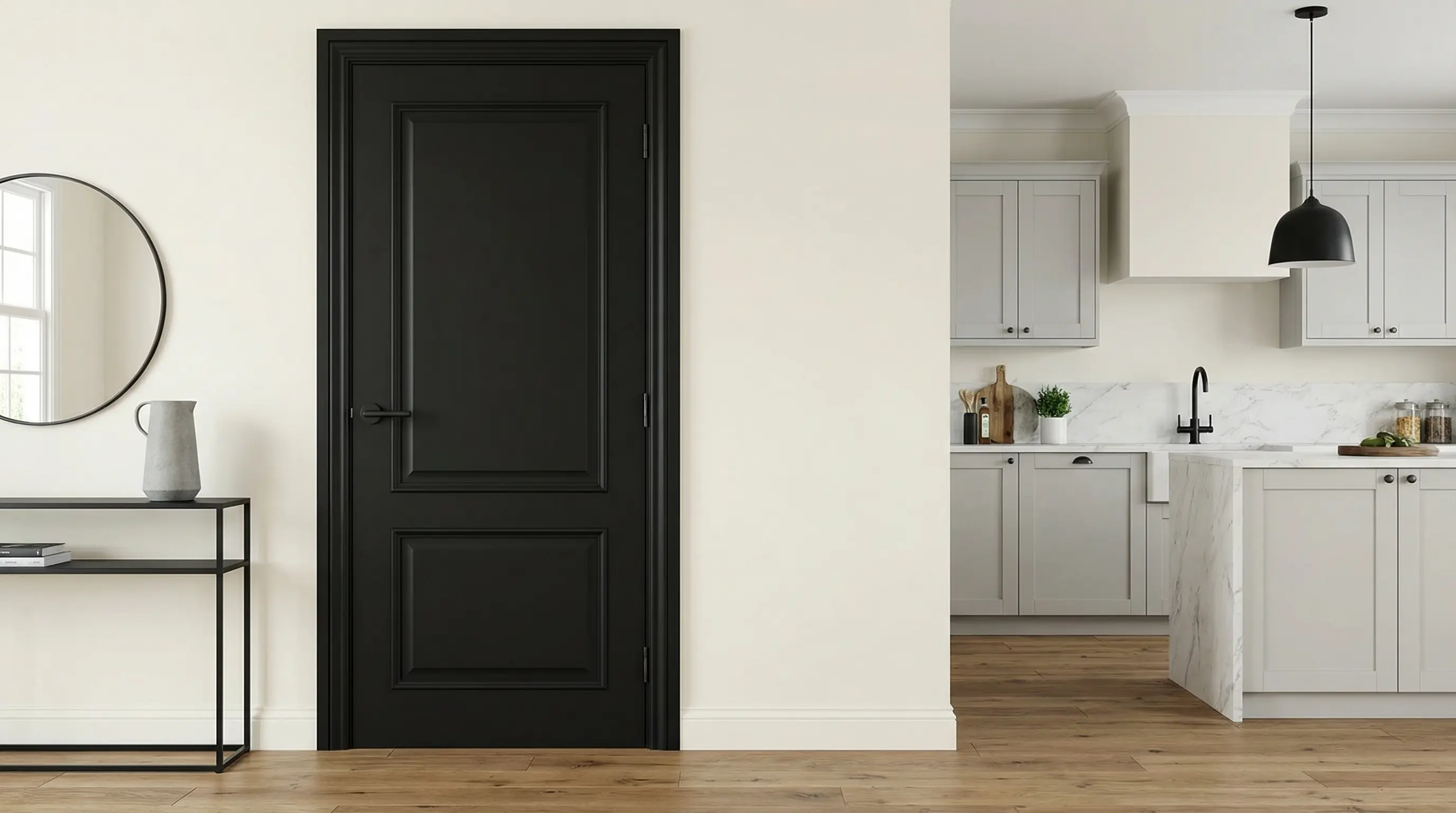 entryway with a classic black door, contrasting walls, and sleek hardware, making a bold and timeless statement