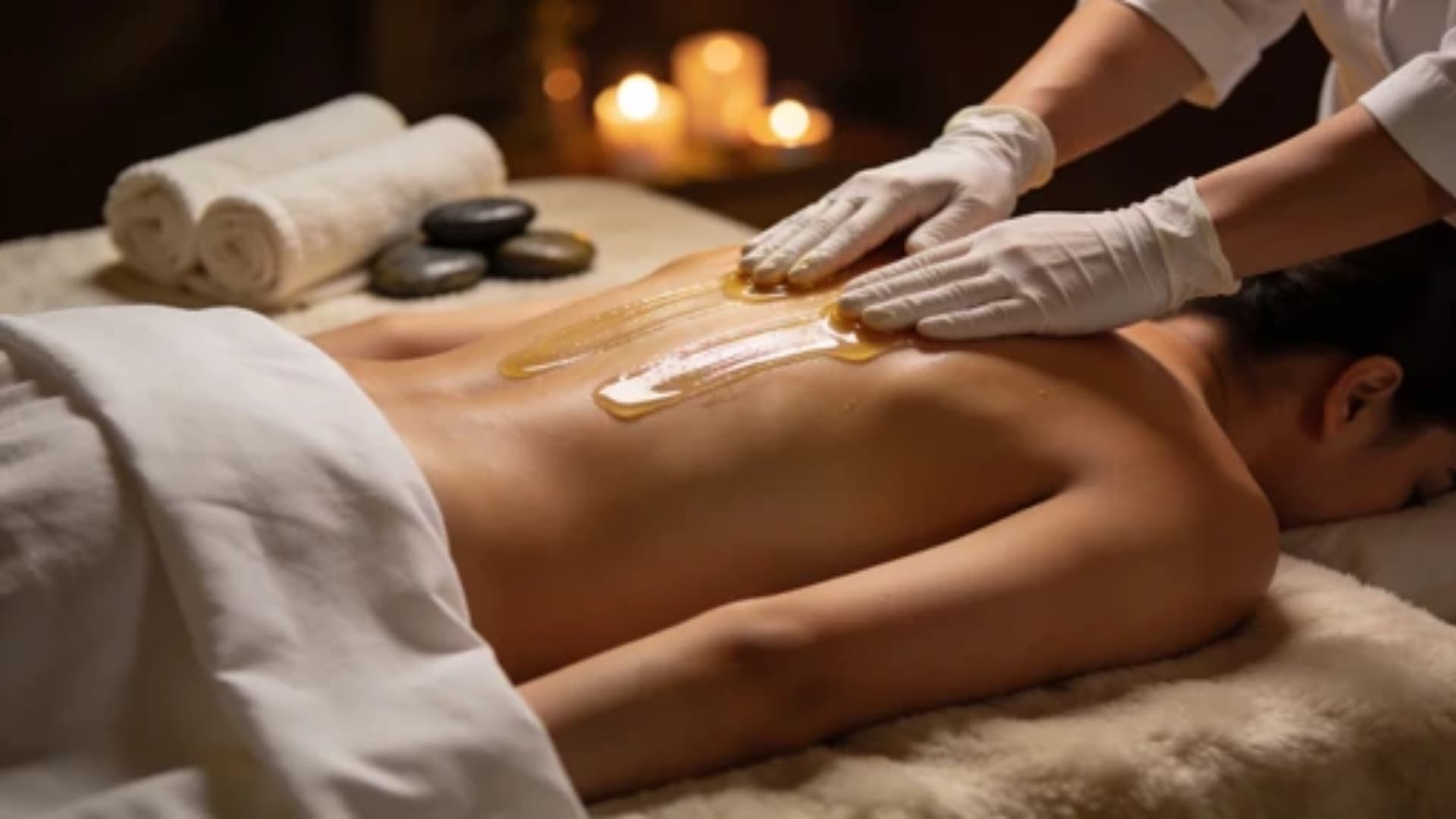 estheticians applying warm oil during a back massage on a client, surrounded by candles and towels in a serene spa