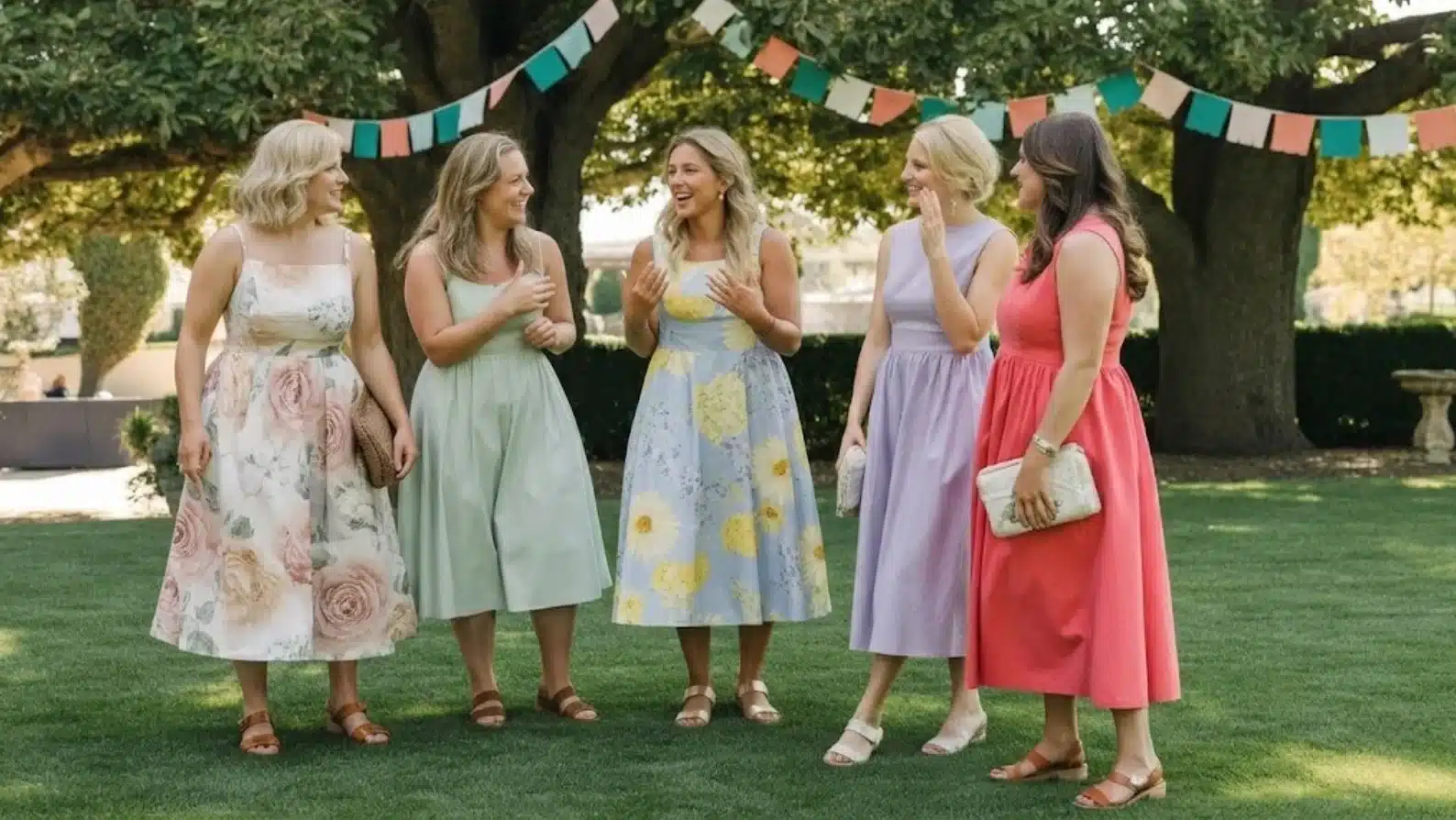 five women in colorful midi dresses chatting beneath bunting at sunny outdoor garden party celebration