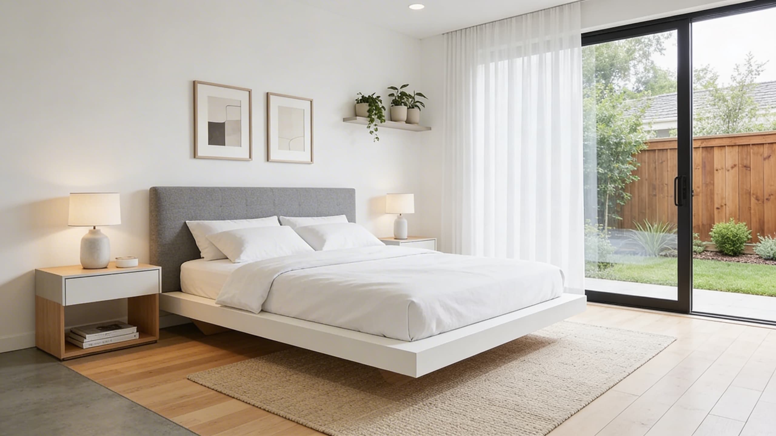 floating bed design with hidden supports, creating an airy, modern effect in a bedroom