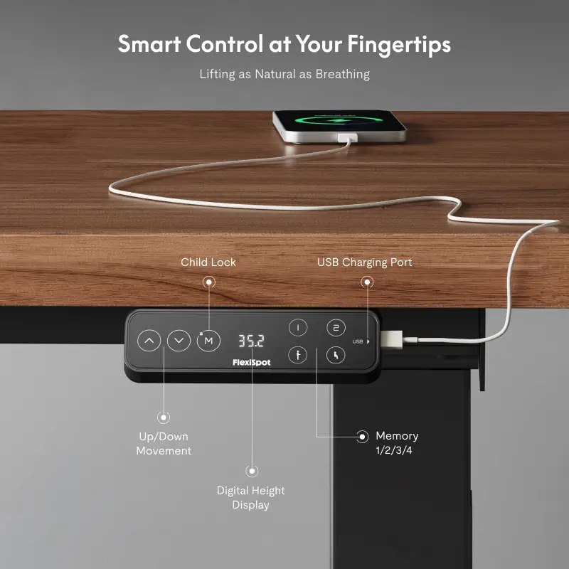 Adjustable desk with control panel under wooden top featuring USB port and digital display