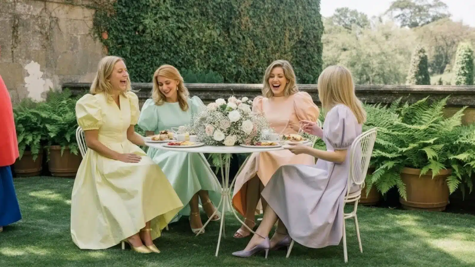 four women in pastel dresses laughing at outdoor garden table with flowers, greenery, and plates of food