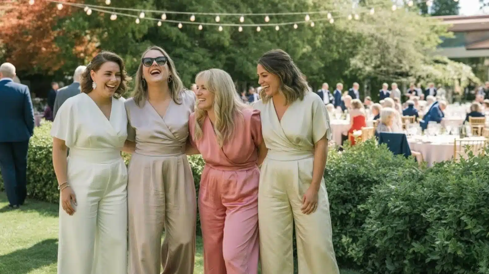 four women in pastel jumpsuits laughing together at a garden party with string lights and seated guests behind them