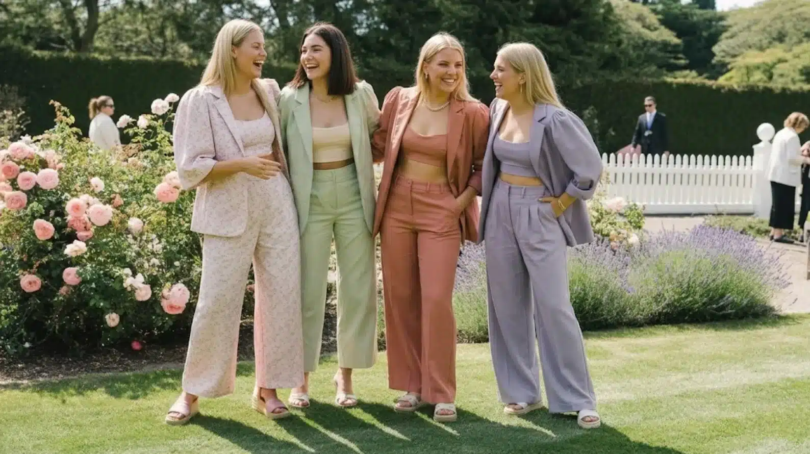 four women in pastel tailored suits laughing together in blooming garden with roses and white fence backdrop