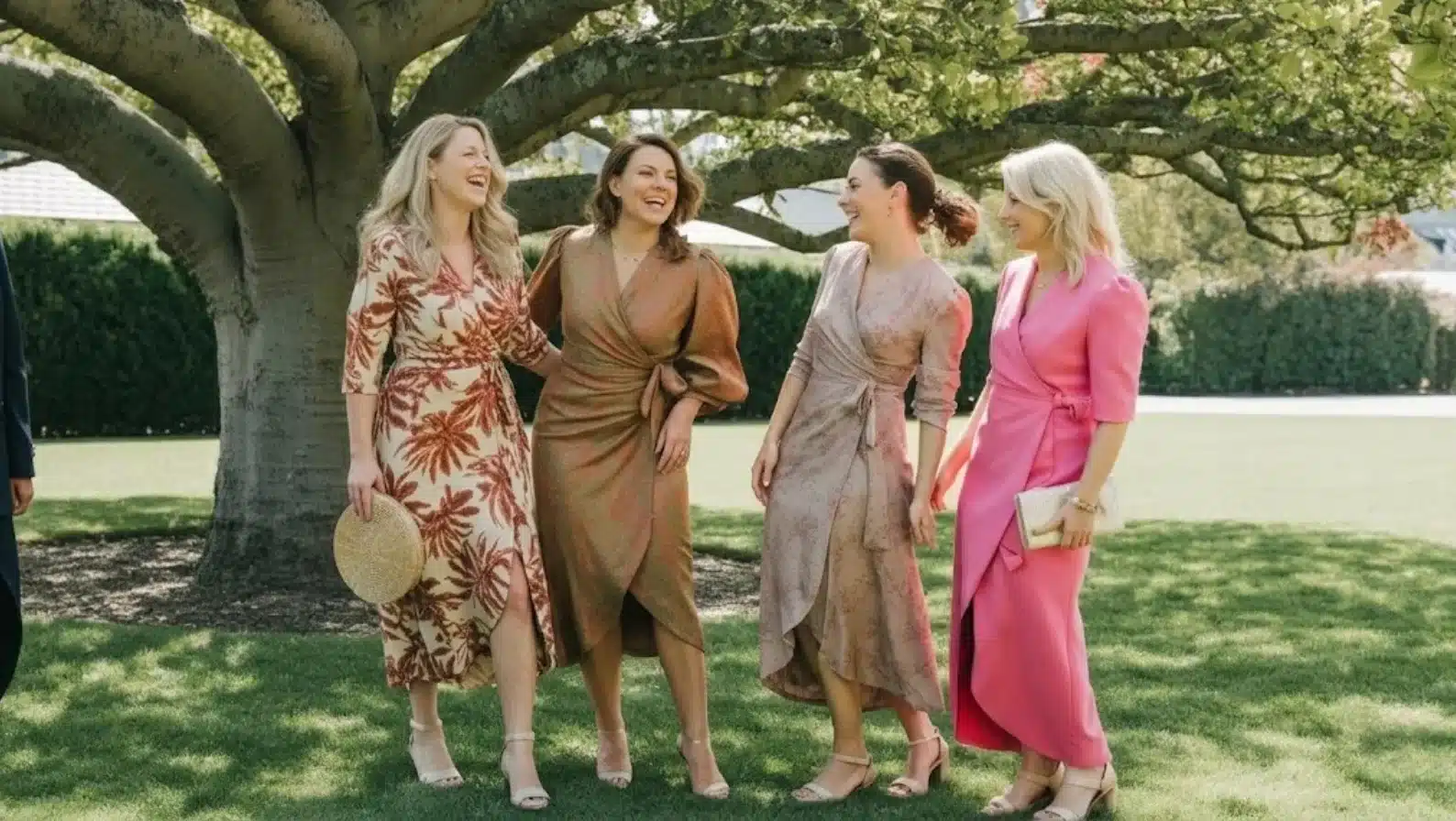 four women in wrap dresses laughing under large tree at outdoor garden party event