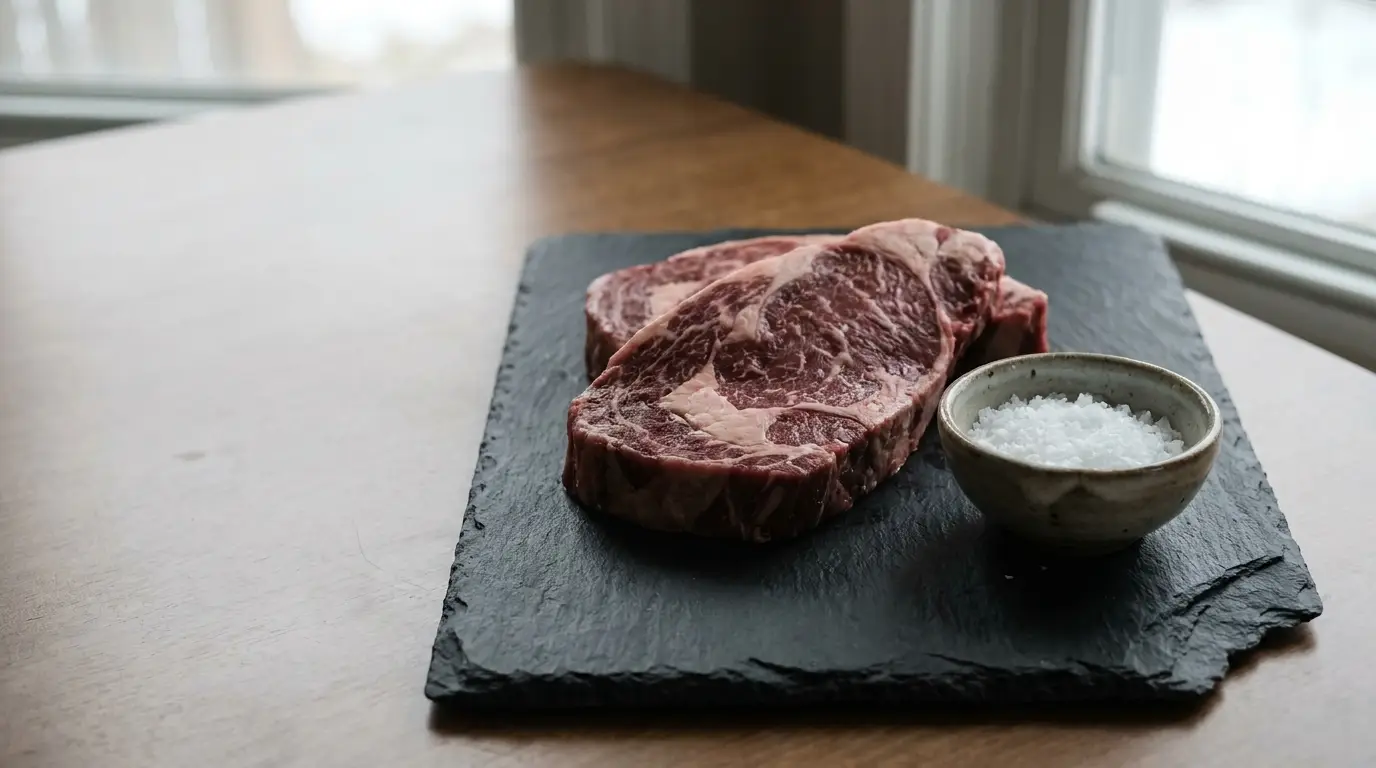 Raw marbled steak with bowl of sea salt on black slate in natural light