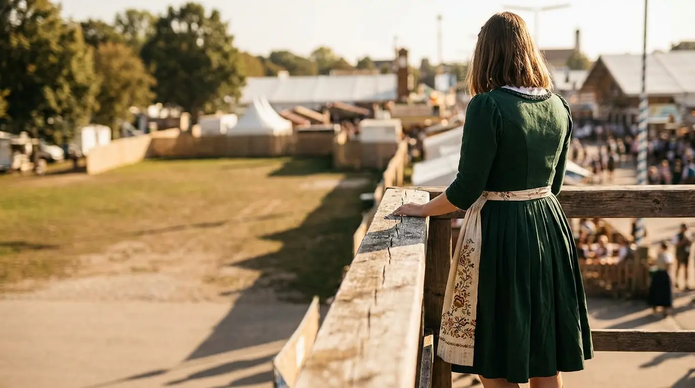 Woman in traditional green dress overlooking outdoor festival scene in daylight