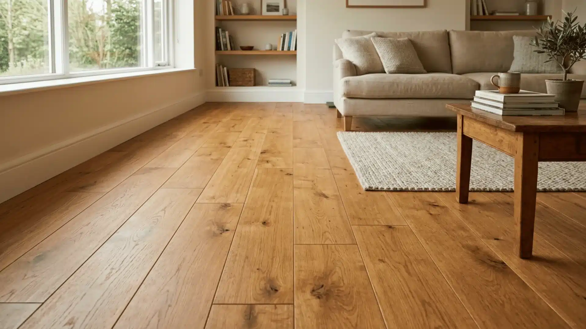 hardwood flooring image with a table and sofa in it and also a little plant and book storage