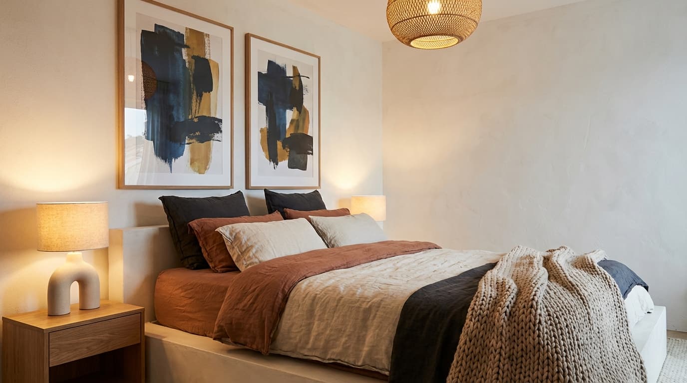 headboard-free bedroom focusing on artwork, lighting, and layered textiles for a bold look