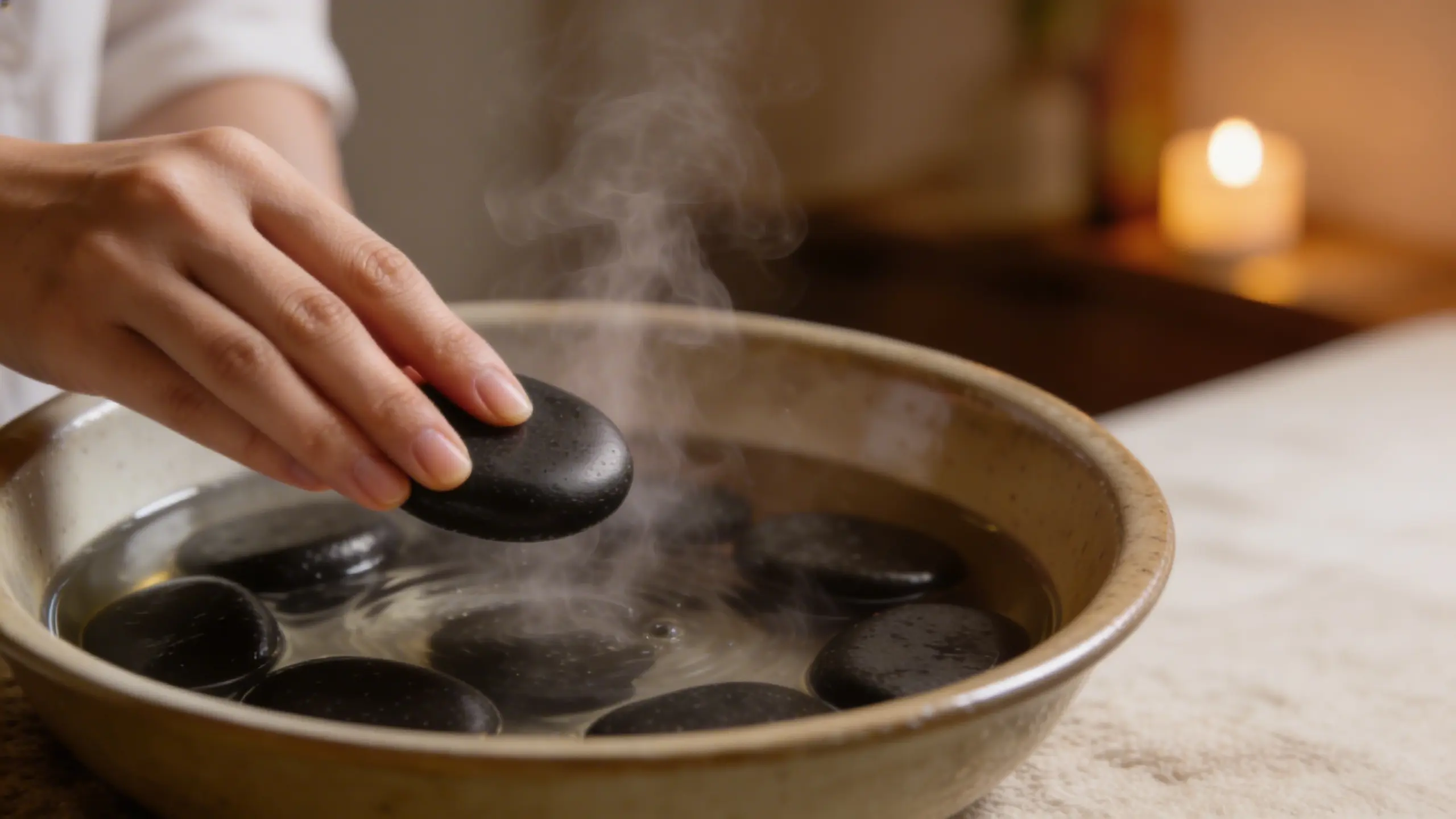 heated basalt stones in water bath being prepared for hot stone therapy session