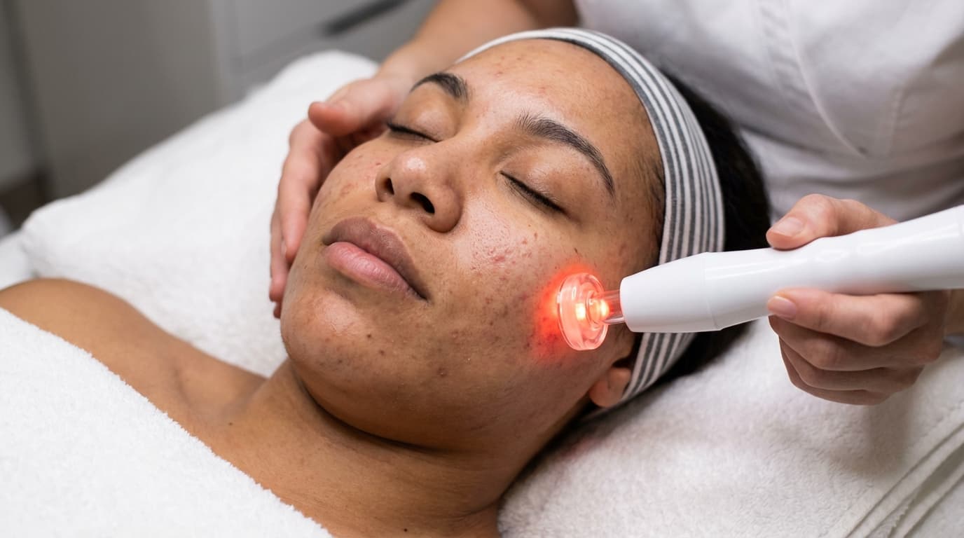 high frequency facial using glass electrode to treat inflamed acne and reduce bacteria