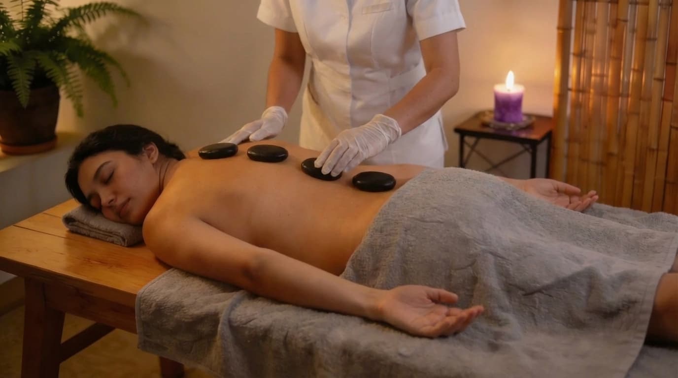 hot stone therapy session with therapist placing heated stones on back in calm spa room with soft warm lighting