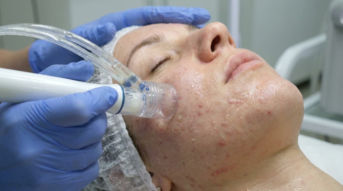 hydrafacial treatment cleansing pores and infusing serum into acne-prone skin