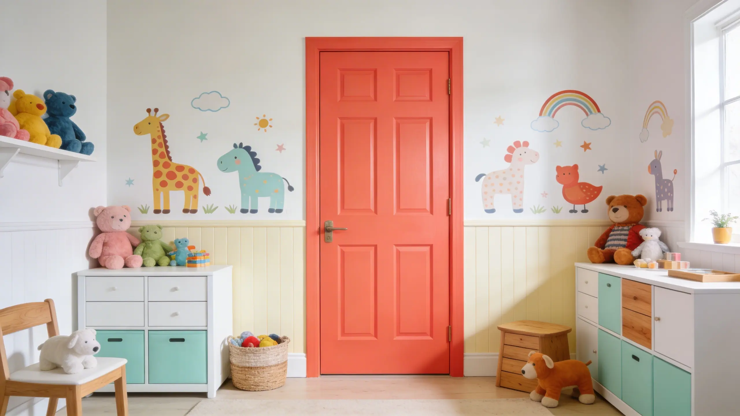 kids' room with a coral door, white walls, and soft mint accents, creating a vibrant and playful atmosphere