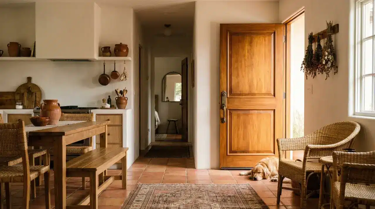 kitchen with a warm caramel door, terracotta floors, and natural wood furniture creating a cozy, grounded atmosphere (1)