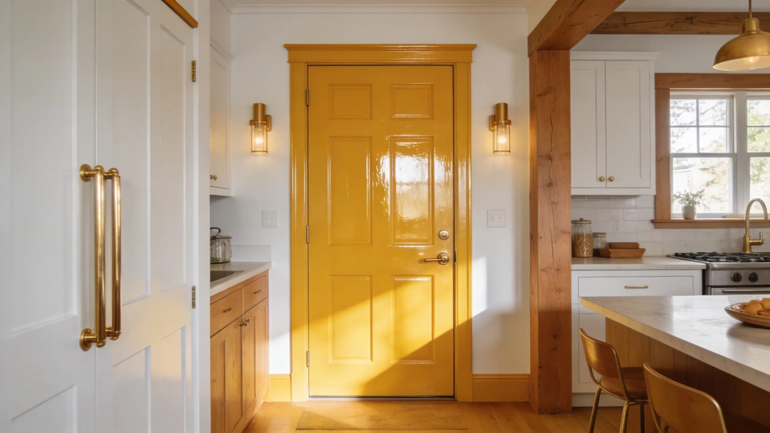 kitchen with a warm honey yellow door, white walls, and natural oak wood, creating an energetic, welcoming atmosphere