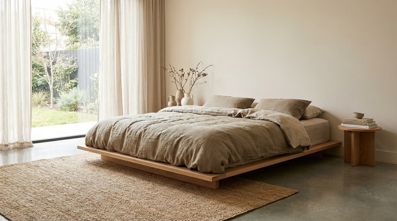 low platform bed providing a grounded, calming feel to the bedroom with minimalist decor