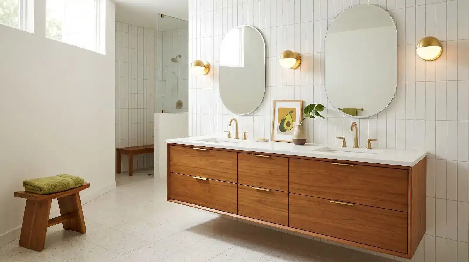 Modern bathroom with double sink vanity, round mirrors, and gold sconces on white tiled wall