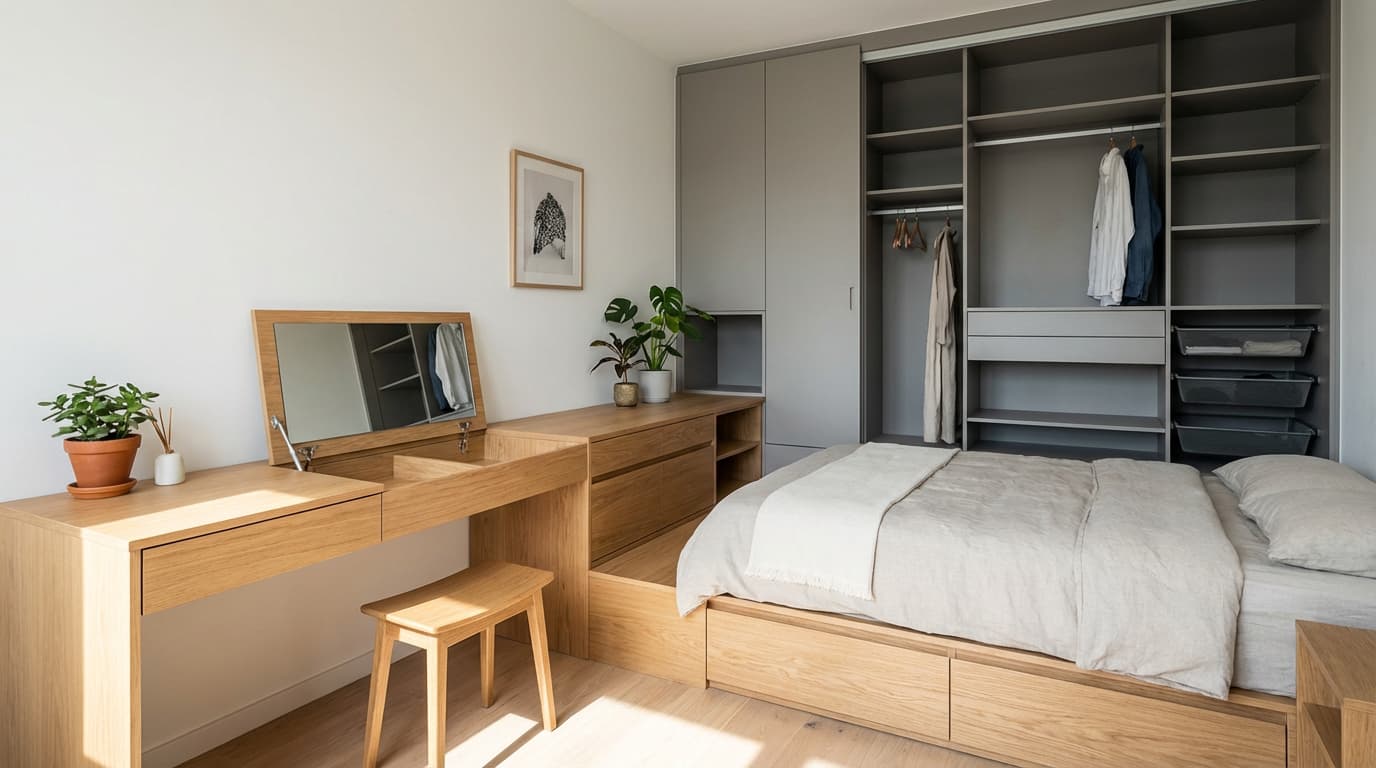 minimalist bedroom with multi-functional furniture for space-saving