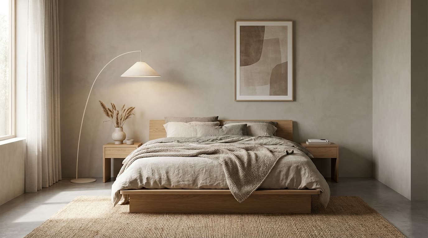 minimalist bedroom with neutral walls that create a serene backdrop for furniture and decor