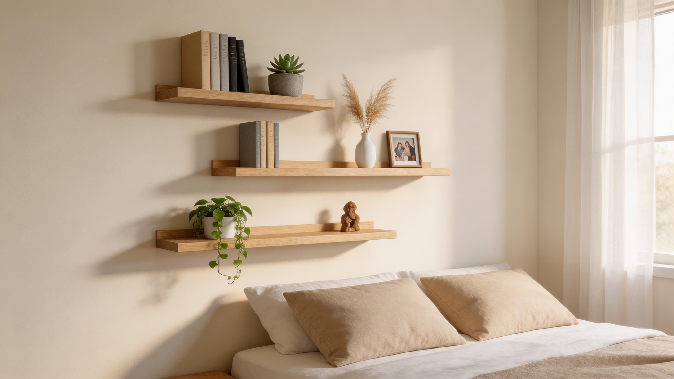 minimalist floating shelves in a bedroom displaying curated books, plants, and meaningful objects (1)