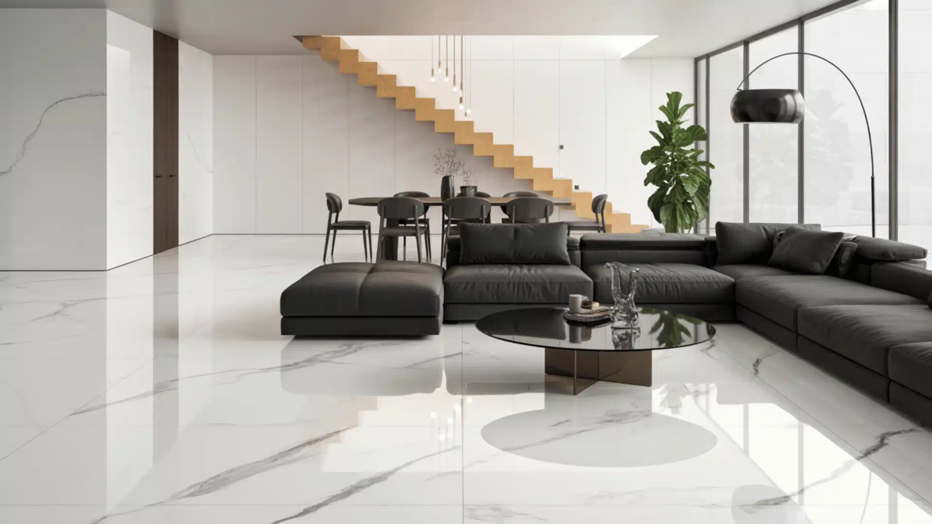 minimalist interior design photograph of a luxurious living space with white marble flooring